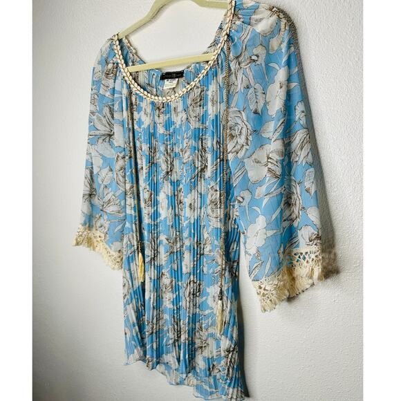 My Story Paris Cream & Blue Accordian Pleat 3/4 Sleeve Blouse S - Picture 3 of 16